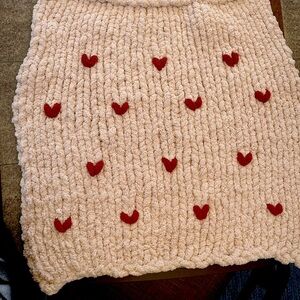 Cozy Cream Blanket with Red Heart Accents